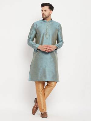 Aqua And Rose Gold Silk Blend Kurta Pyjama Set 1