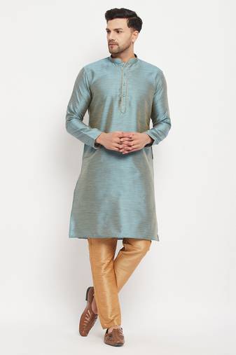 Men'S Aqua And Rose Gold Silk Blend Kurta Pyjama Set