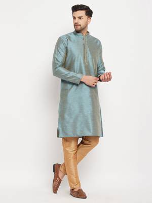 Aqua And Rose Gold Silk Blend Kurta Pyjama Set 2