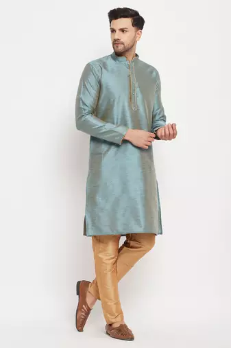 Aqua And Rose Gold Silk Blend Kurta Pyjama Set