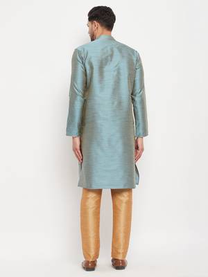 Aqua And Rose Gold Silk Blend Kurta Pyjama Set 3