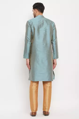 Aqua And Rose Gold Silk Blend Kurta Pyjama Set