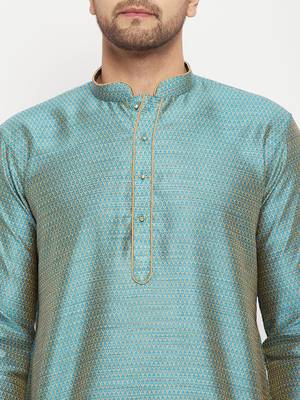Aqua And Rose Gold Silk Blend Kurta Pyjama Set 4