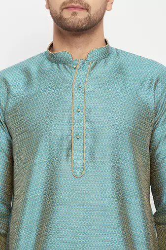 Aqua And Rose Gold Silk Blend Kurta Pyjama Set