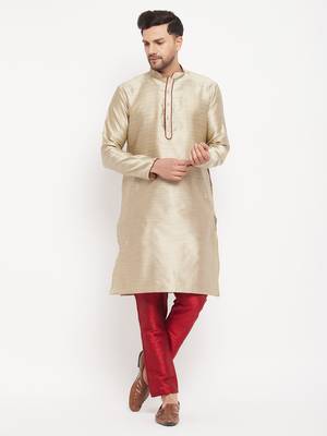 Beige And Maroon Silk Blend Kurta Pyjama Set 1