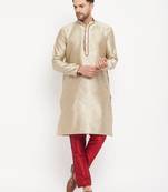 Beige And Maroon Silk Blend Kurta Pyjama Set