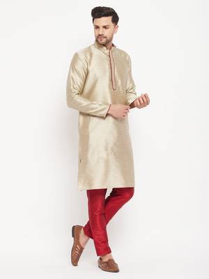 Beige And Maroon Silk Blend Kurta Pyjama Set 2