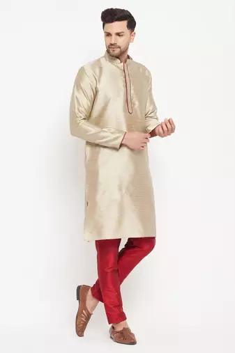 Beige And Maroon Silk Blend Kurta Pyjama Set