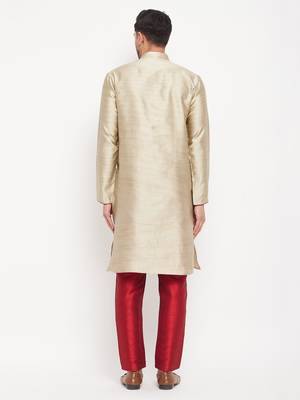 Beige And Maroon Silk Blend Kurta Pyjama Set 3