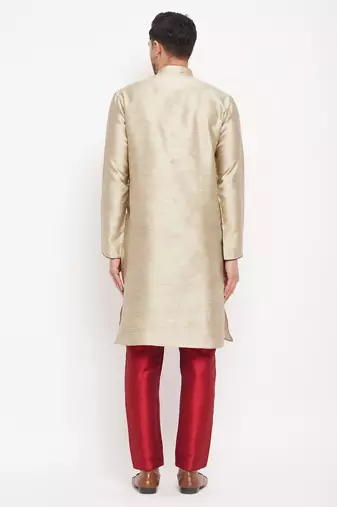 Beige And Maroon Silk Blend Kurta Pyjama Set