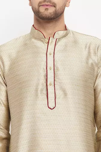 Beige And Maroon Silk Blend Kurta Pyjama Set