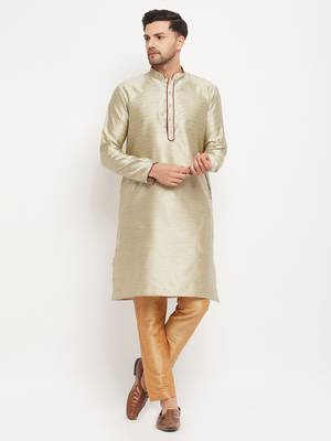 Beige And Rose Gold Silk Blend Kurta Pyjama Set 1