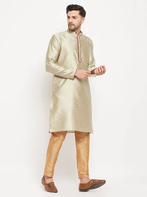 Beige And Rose Gold Silk Blend Kurta Pyjama Set 2