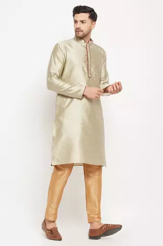 Beige And Rose Gold Silk Blend Kurta Pyjama Set