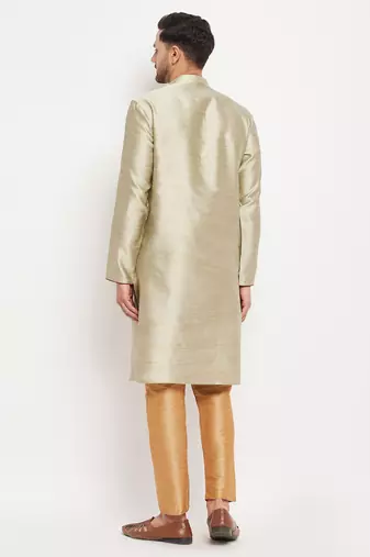Beige And Rose Gold Silk Blend Kurta Pyjama Set