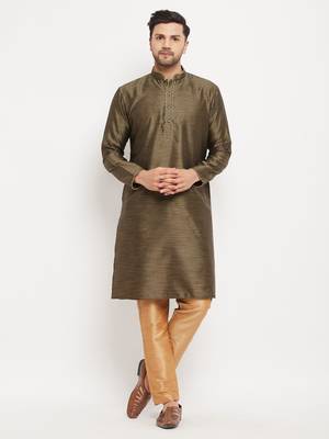 Black And Rose Gold Silk Blend Kurta Pyjama Set 1