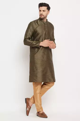Black And Rose Gold Silk Blend Kurta Pyjama Set