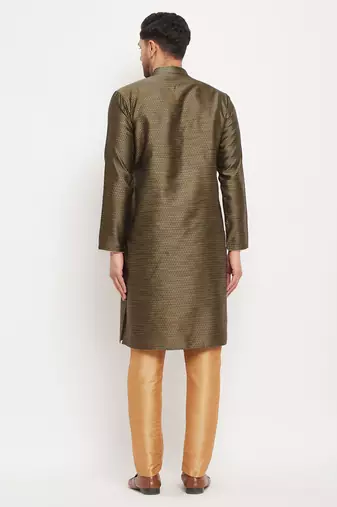 Black And Rose Gold Silk Blend Kurta Pyjama Set