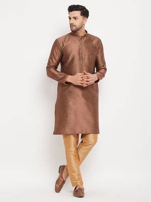 Maroon And Rose Gold Silk Blend Kurta Pyjama Set 1