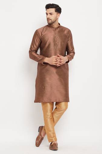 Men'S Maroon And Rose Gold Silk Blend Kurta Pyjama Set