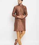 Men'S Maroon And Rose Gold Silk Blend Kurta Pyjama Set