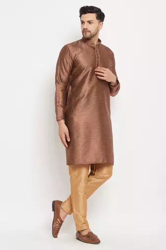 Maroon And Rose Gold Silk Blend Kurta Pyjama Set