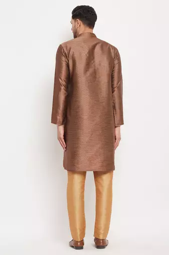 Maroon And Rose Gold Silk Blend Kurta Pyjama Set