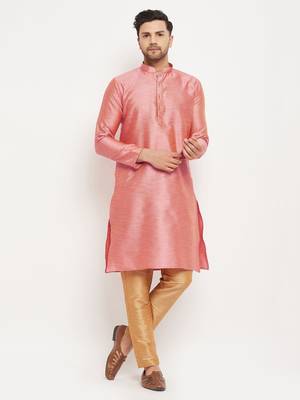 Pink And Rose Gold Silk Blend Kurta Pyjama Set 1