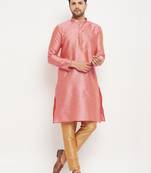 Men'S Pink And Rose Gold Silk Blend Kurta Pyjama Set