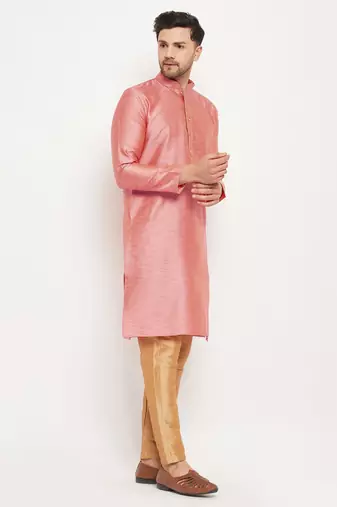 Pink And Rose Gold Silk Blend Kurta Pyjama Set
