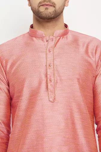Pink And Rose Gold Silk Blend Kurta Pyjama Set
