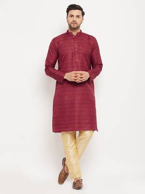 Men'S Maroon And Gold Silk Blend Kurta Pyjama Set 1