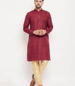 Men'S Maroon And Gold Silk Blend Kurta Pyjama Set