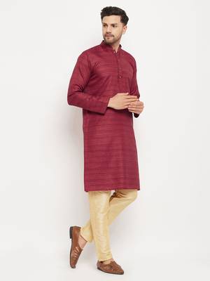 Men'S Maroon And Gold Silk Blend Kurta Pyjama Set 2