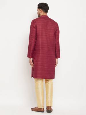 Men'S Maroon And Gold Silk Blend Kurta Pyjama Set 3