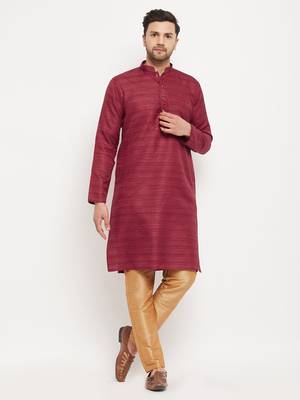 Men'S Maroon And Rose Gold Silk Blend Kurta Pyjama Set 1