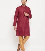 Men'S Maroon And Rose Gold Silk Blend Kurta Pyjama Set