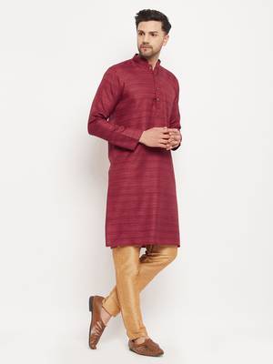 Men'S Maroon And Rose Gold Silk Blend Kurta Pyjama Set 2
