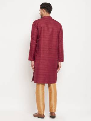 Men'S Maroon And Rose Gold Silk Blend Kurta Pyjama Set 3
