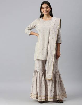 women's round neck floral foil print grey straight kurti and sharara with dupatta 1