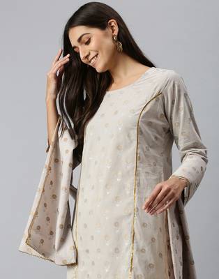 women's round neck floral foil print grey straight kurti and sharara with dupatta 2