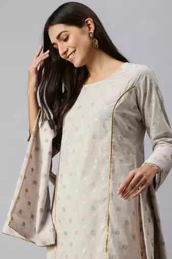 women's round neck floral foil print grey straight kurti and sharara with dupatta