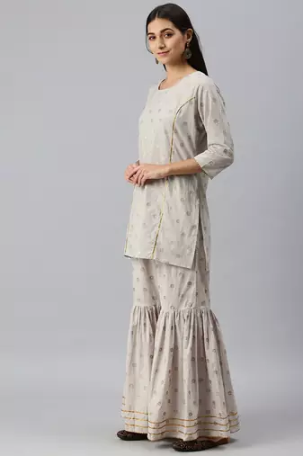women's round neck floral foil print grey straight kurti and sharara with dupatta