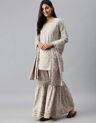women's round neck floral foil print grey straight kurti and sharara with dupatta 4