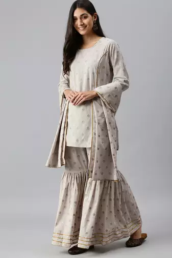 women's round neck floral foil print grey straight kurti and sharara with dupatta
