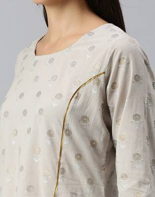 women's round neck floral foil print grey straight kurti and sharara with dupatta 5