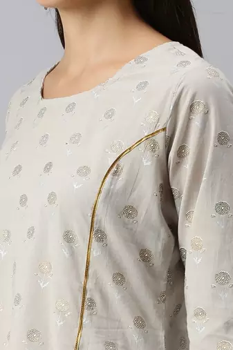 women's round neck floral foil print grey straight kurti and sharara with dupatta