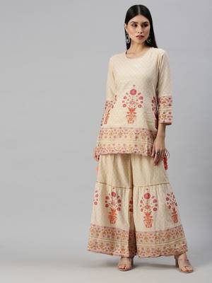 women's round neck floral foil print cream straight kurti and sharara 1