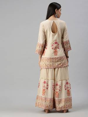 women's round neck floral foil print cream straight kurti and sharara 2
