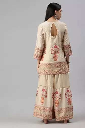 women's round neck floral foil print cream straight kurti and sharara